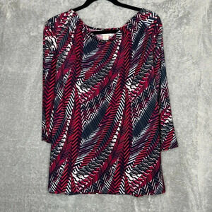 Christopher & Banks XL Shirt Top Red Striped 3/4 Sleeve Cowl Neck Stretch Womens